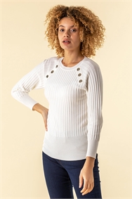 Ivory Button Detail Ribbed Jumper