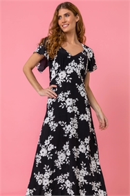 Black Floral Print Back Detail Maxi Dress