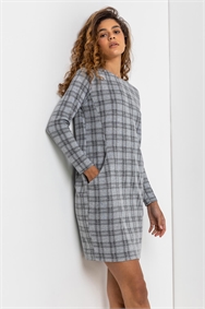Grey Check Print Pocket Shift Dress