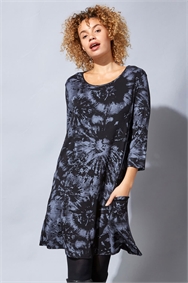 Dark-Grey Tie Dye Print Swing Pocket Dress
