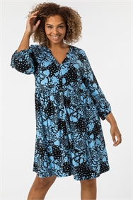 Blue Curve Floral Print Jersey Dress