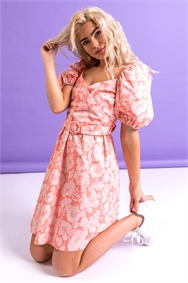 Coral Floral Puff Sleeve Belted Dress