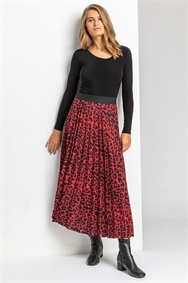 Red Animal Print Pleated Skirt