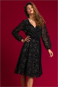 Black Shimmer Animal Print Lace Wrap Dress