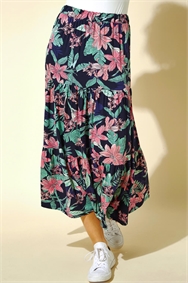 Navy Tropical Floral Tiered Midi Skirt