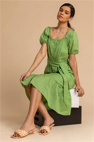 Pea Green Puff Sleeve Button Through Midi Dress