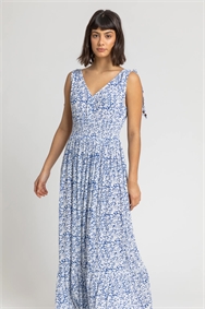 Blue Ditsy Floral Shirred Waist Maxi Dress