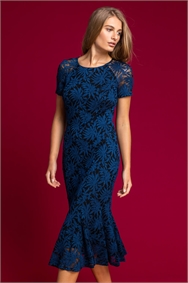 Petrol Blue Palm Print Lace Fitted Dress