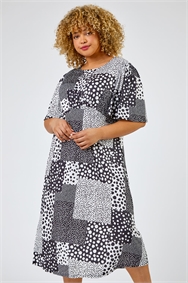 Black Curve Abstract Spot Print Midi Dress