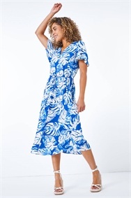 Blue Petite Tropical Tie Detail Midi Dress