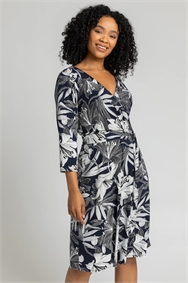 Navy Petite Floral Lily Print Belted Wrap Dress