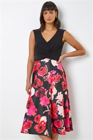 Black Floral Print Twist Detail Fit & Flare Dress