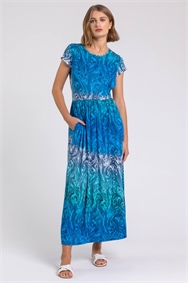 Blue Ombre Print Jersey Maxi Dress