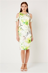 Floral Ruffle Cold Shoulder Scuba Dress