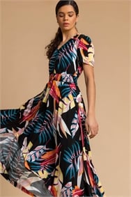 Black Tropical Palm Shirred Waist Maxi Dress