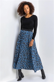 Blue Animal Print Pleated Maxi Skirt