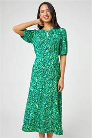 Green Animal Print Keyhole Stretch Dress