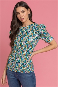 Turquoise Floral Print Puff Sleeve T-Shirt