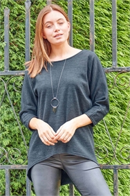 Dark-Grey Necklace Detail Batwing Slouch Lounge Top