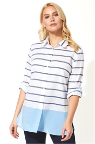 Blue Stripe Colour Block Roll Sleeve Shirt