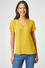 Yellow Ditsy Embroidered Trim Detail Top