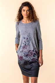 Grey Floral Border Print Slouch Dress