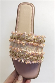 Pink Woven Gold Detail Slider Sandals