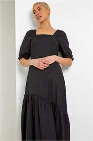 Black Square Neck Asymmetric Tiered Midi Dress