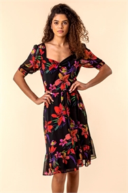 Black Tropical Floral Print Tea Dress