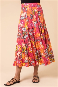 Pink Tropical Floral Burnout Midi Skirt