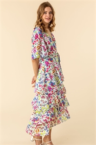 Multi Frill Detail Floral Print Dress