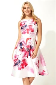 Floral Print Dipped Hem Midi Dress in Pink - Roman Originals UK