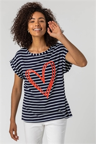 Navy Stripe Print Heart T-Shirt