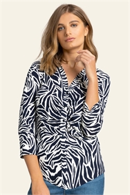Navy Animal Print Buttoned Jersey Blouse