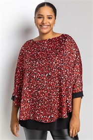 Red Curve Animal Print Overlay Top