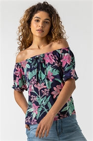 Navy Tropical Floral Print Bardot Top