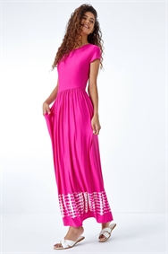 Fuchsia Tie Dye Border Print Stretch Maxi Dress