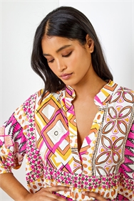 Boho Print Tiered Smock Dress in Pink 