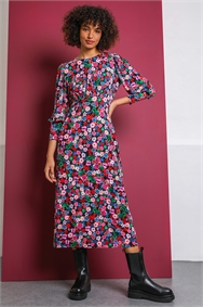 Purple Vintage Floral Print Midi Dress