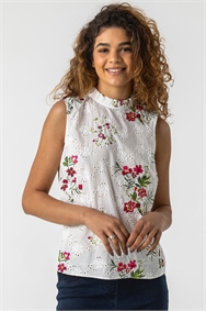 Ivory Floral Embroidered Frill Neck Top