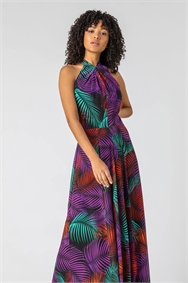 Purple Tropical Print Halter Neck Maxi Dress