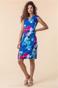 Blue Floral Print Scuba Dress