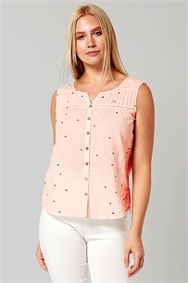 Light Pink Embroidered Sleeveless Button Blouse