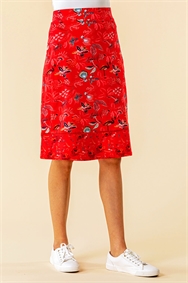 Red A Line Tropical Print Skirt