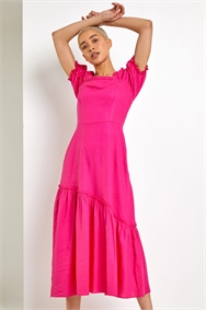 Pink Square Neck Asymmetric Tiered Midi Dress