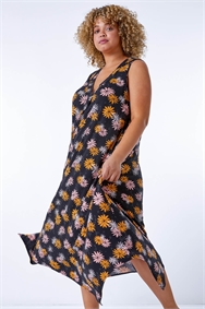 Black Curve Floral Print Hanky Hem Dress