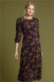 Floral Shirred Sleeve Midi Dress in Black - Roman Originals UK