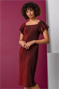 Red Puff Sleeve Sparkle Midi Dress