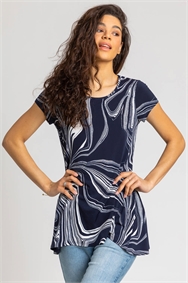 Navy Abstract Linear Print Stretch Top