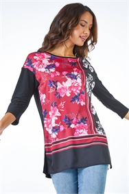 Wine Floral Print Stretch Jersey Tunic